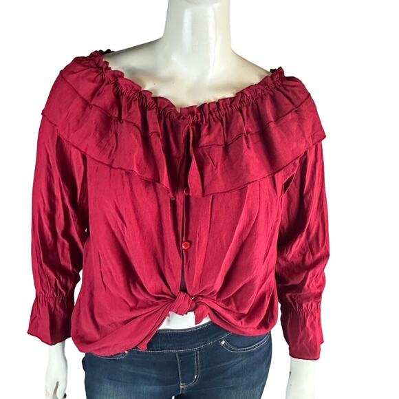 Elliott & Vine Womans Sz 2X Plus Blouse Maroon Ruffle Knotted Button Front - Picture 1 of 7